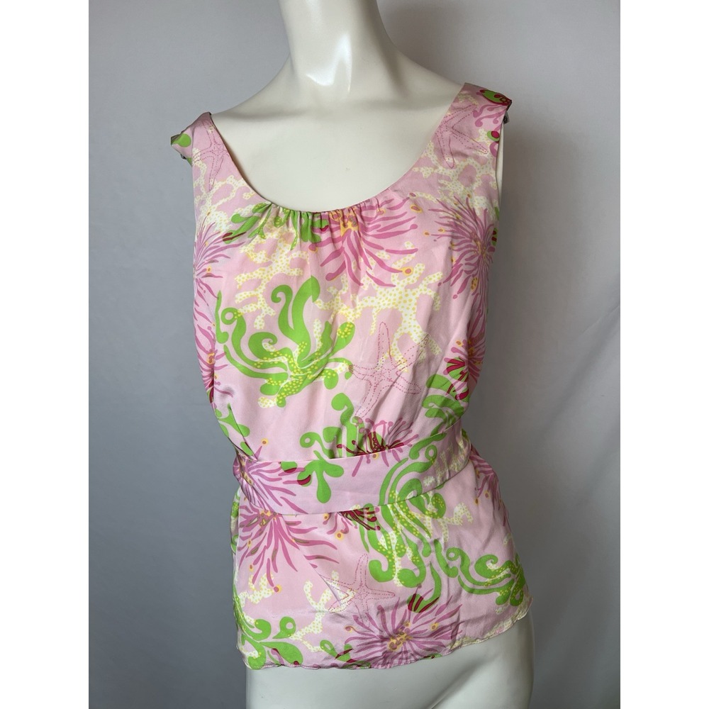 Lilly Pulitzer Cedar Pink Green Floral Silk Belted Tank Top 0 Sleeveless Blouse